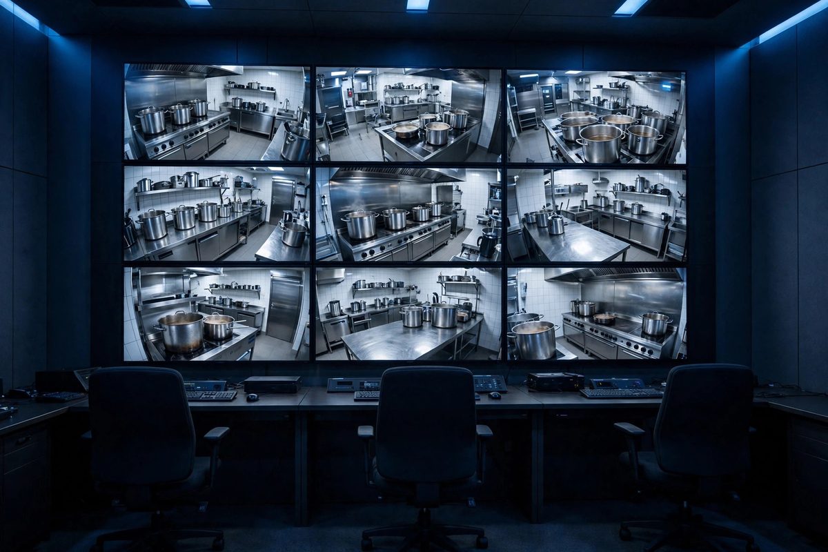 Layar pemantauan CCTV AI dapur MBG menampilkan beberapa dapur program makan bergizi