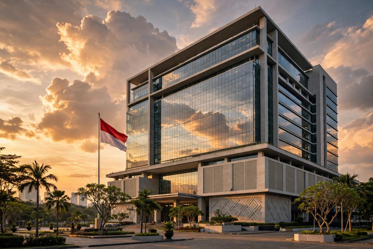 Gedung kementerian modern di Jakarta dengan bendera Indonesia saat Perpres etika AI disiapkan pemerintah